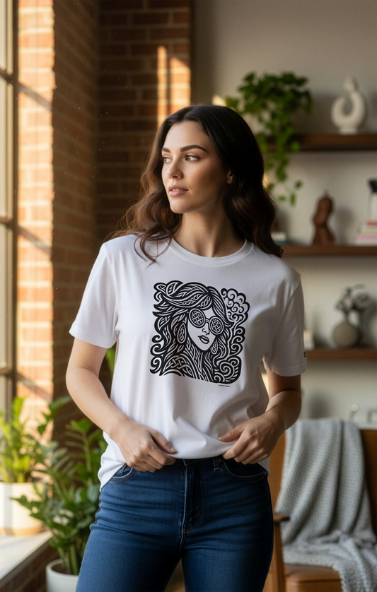 Model wearing a white Studio VieKay t-shirt with a black graphic design in a room with plants and shelves.
