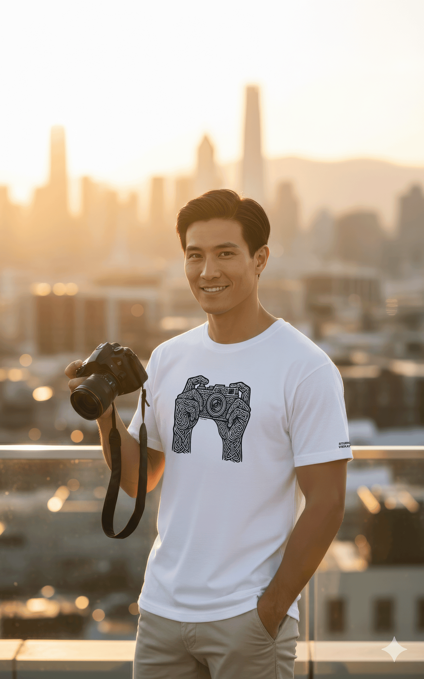 Model holding a camera with a cityscape in the background during sunset while wearing a Studio Viekay tshirt