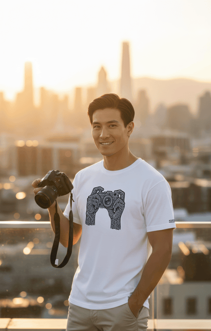 Model holding a camera with a cityscape in the background during sunset while wearing a Studio Viekay tshirt