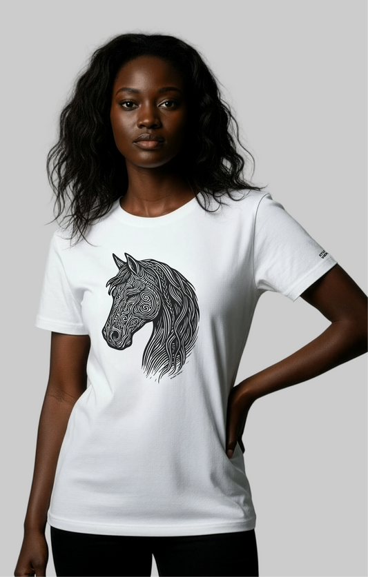 Model wearing a white Studio Viekay t-shirt with a horse graphic on a gray background