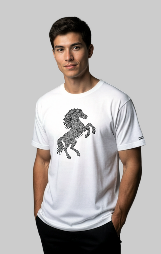 Male model wearing the Studio Viekay Stallion Engraved Art Tee with bold carved stallion artwork in clean black and white linework