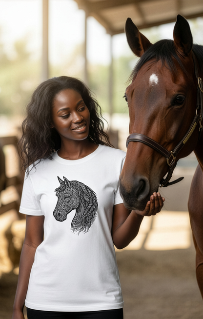 Model wearing a white t-shirt with a horse graphic, standing next to a brown horse in an indoor setting.