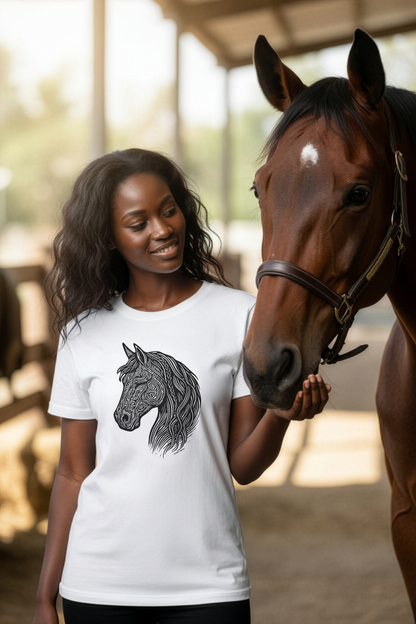 Model wearing a white t-shirt with a horse graphic, standing next to a brown horse in an indoor setting.