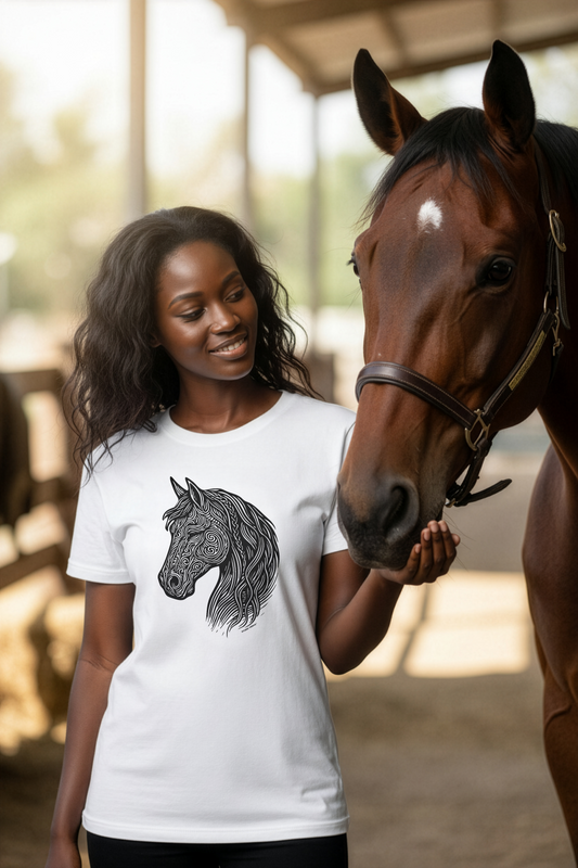 Model wearing a white t-shirt with a horse graphic, standing next to a brown horse in an indoor setting.