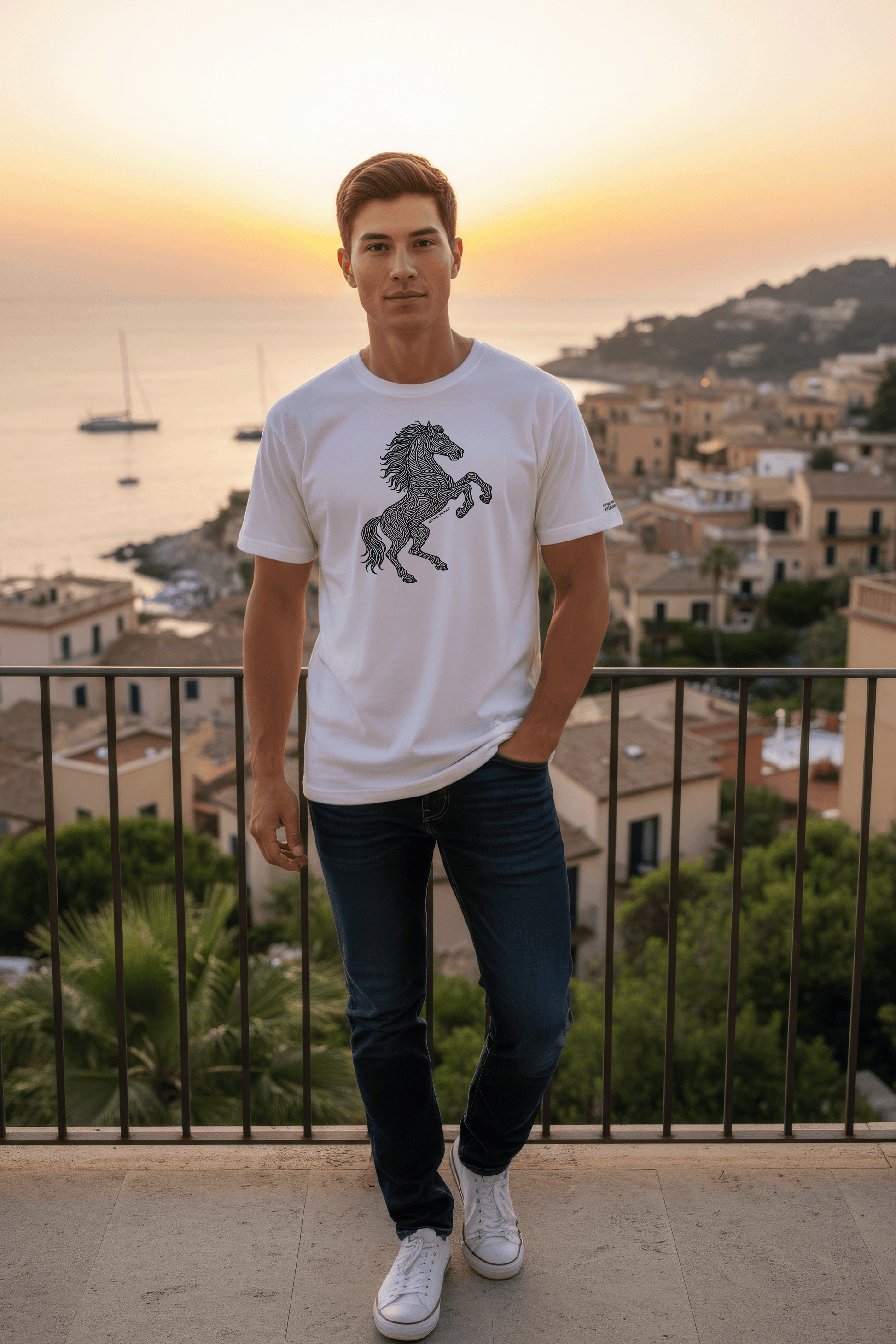 Model wearing a white Studio Viekay t-shirt with a horse graphic, standing in front of a scenic cityscape at sunset.