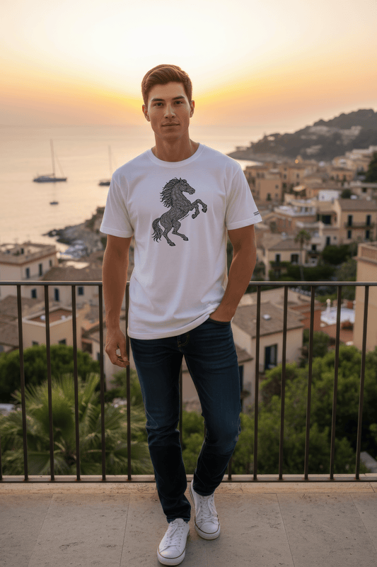Model wearing a white Studio Viekay t-shirt with a horse graphic, standing in front of a scenic cityscape at sunset.