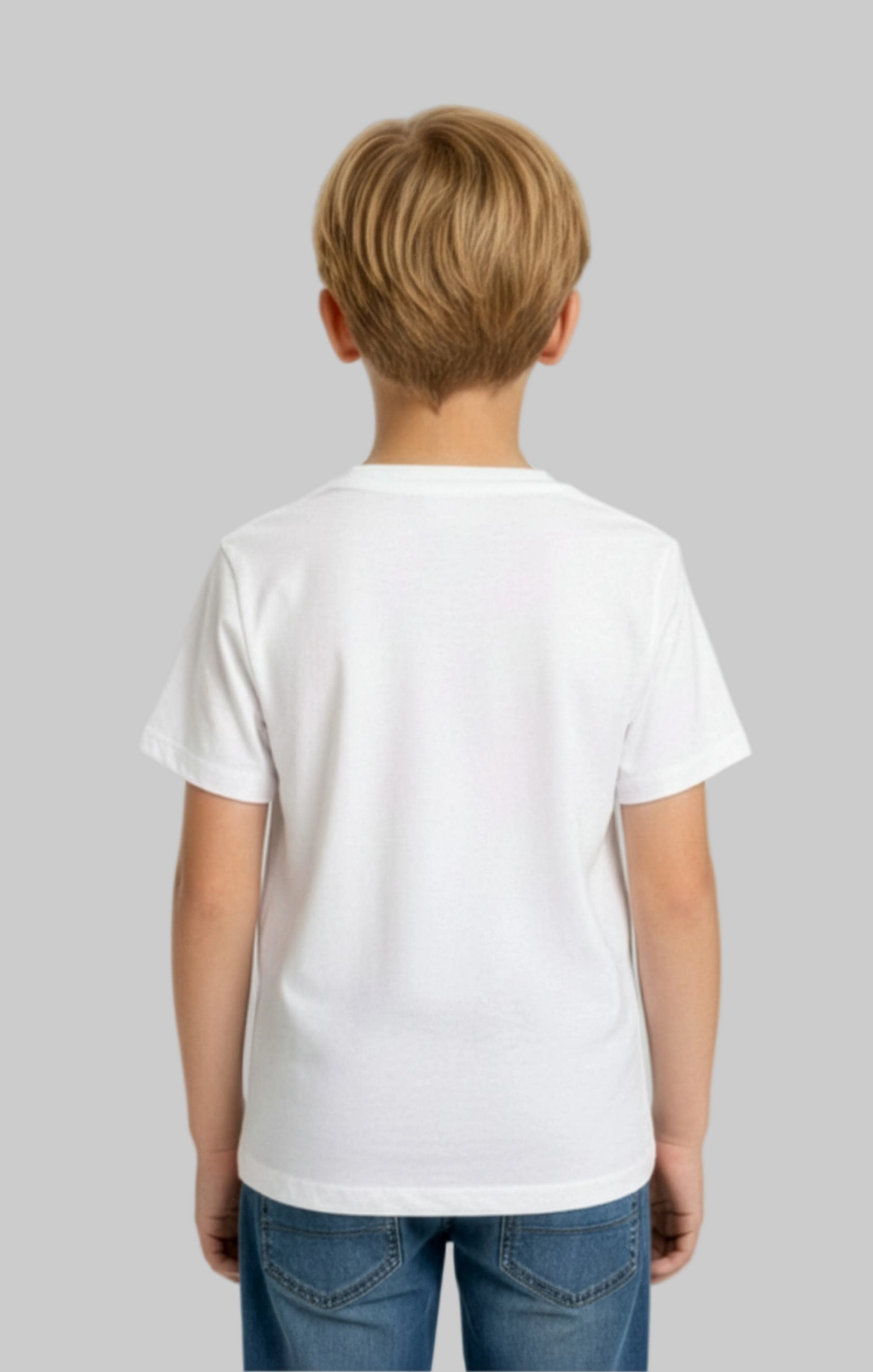 Young boy wearing a plain white t-shirt on a gray background