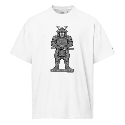 Front view of Studio Viekay Samurai box fit tee showing black engraved Samurai artwork on heavyweight premium cotton.