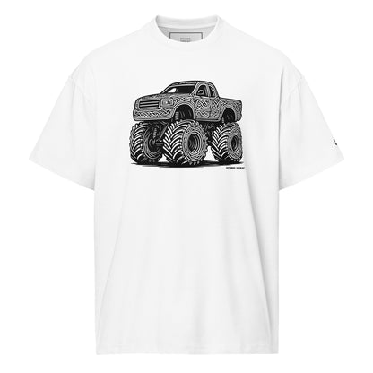 Front view of the Studio Viekay Monster Truck Engraved Art Box Tee featuring black and white carved monster truck artwork