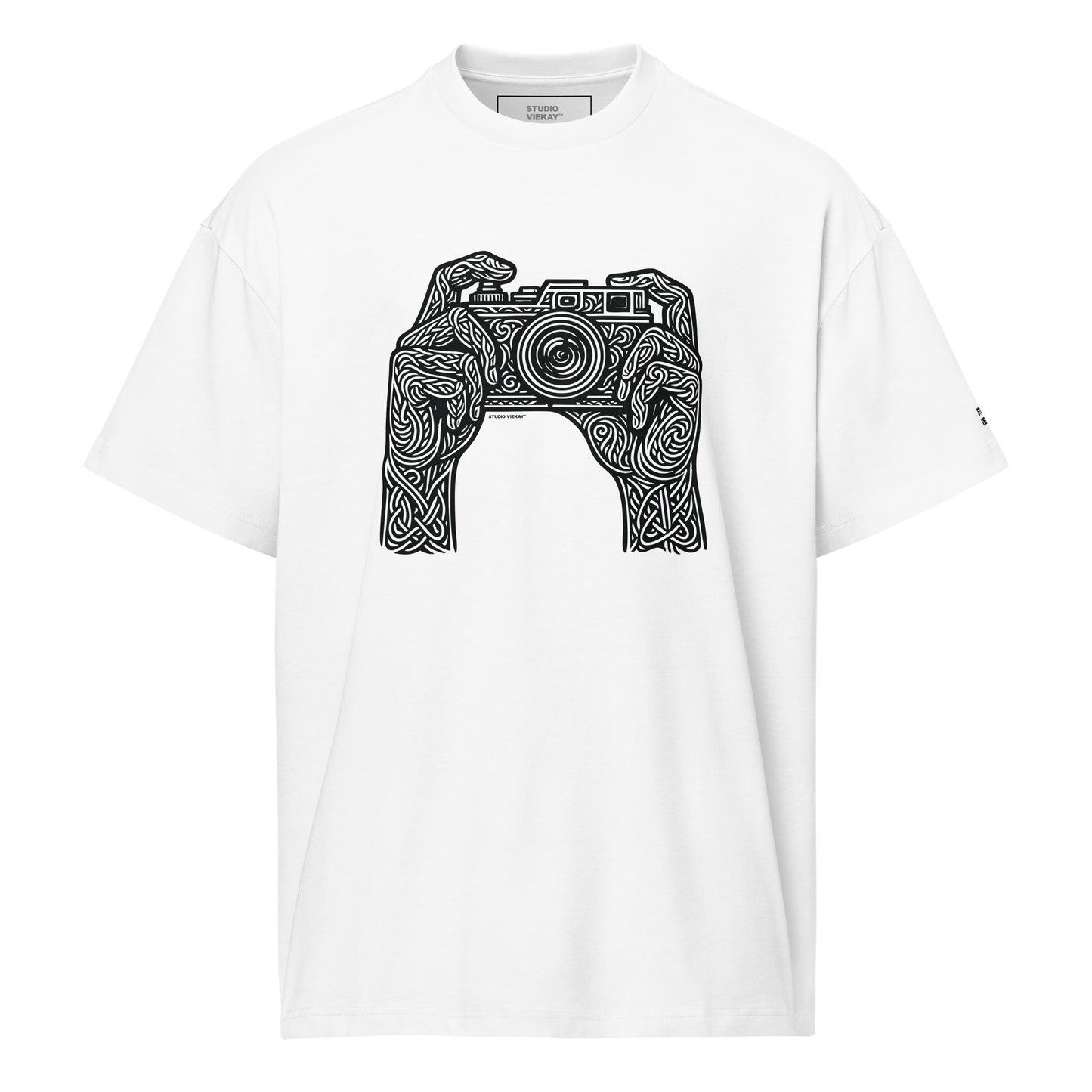 Studio Viekay Camera Engraved Art Box Tee front view with carved camera artwork