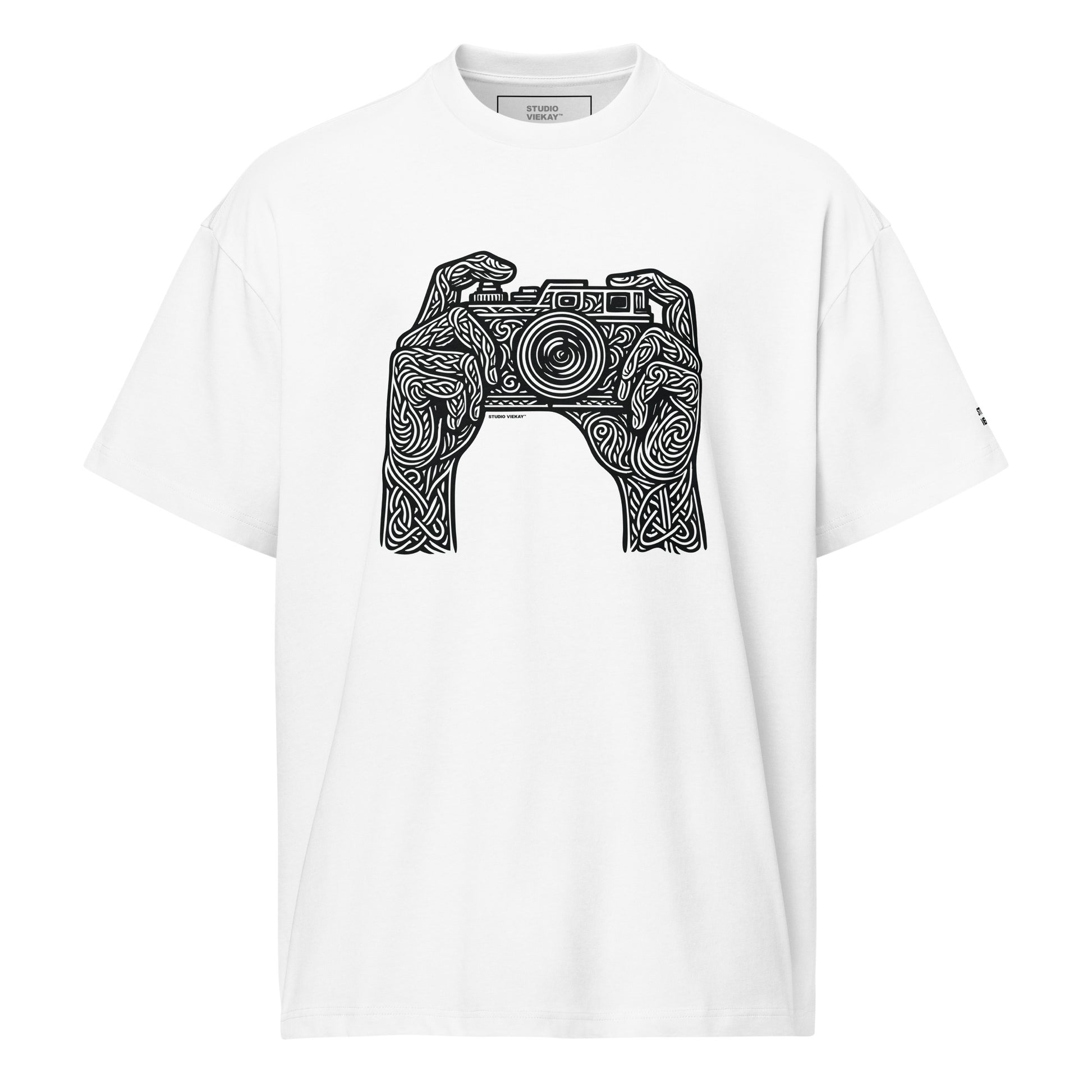 Studio Viekay Camera Engraved Art Box Tee front view with carved camera artwork