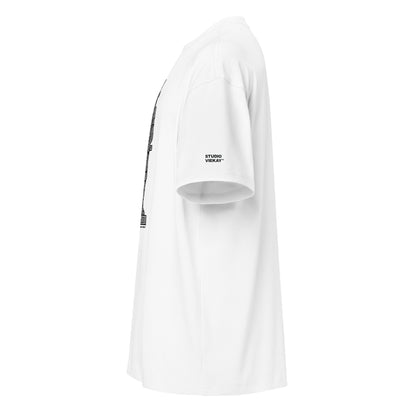 Left side view of Studio Viekay Samurai box fit tee displaying relaxed drop shoulder and premium heavyweight cotton silhouette.