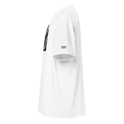 Left side view of the Studio Viekay Monster Truck Engraved Art Box Tee in white heavyweight cotton