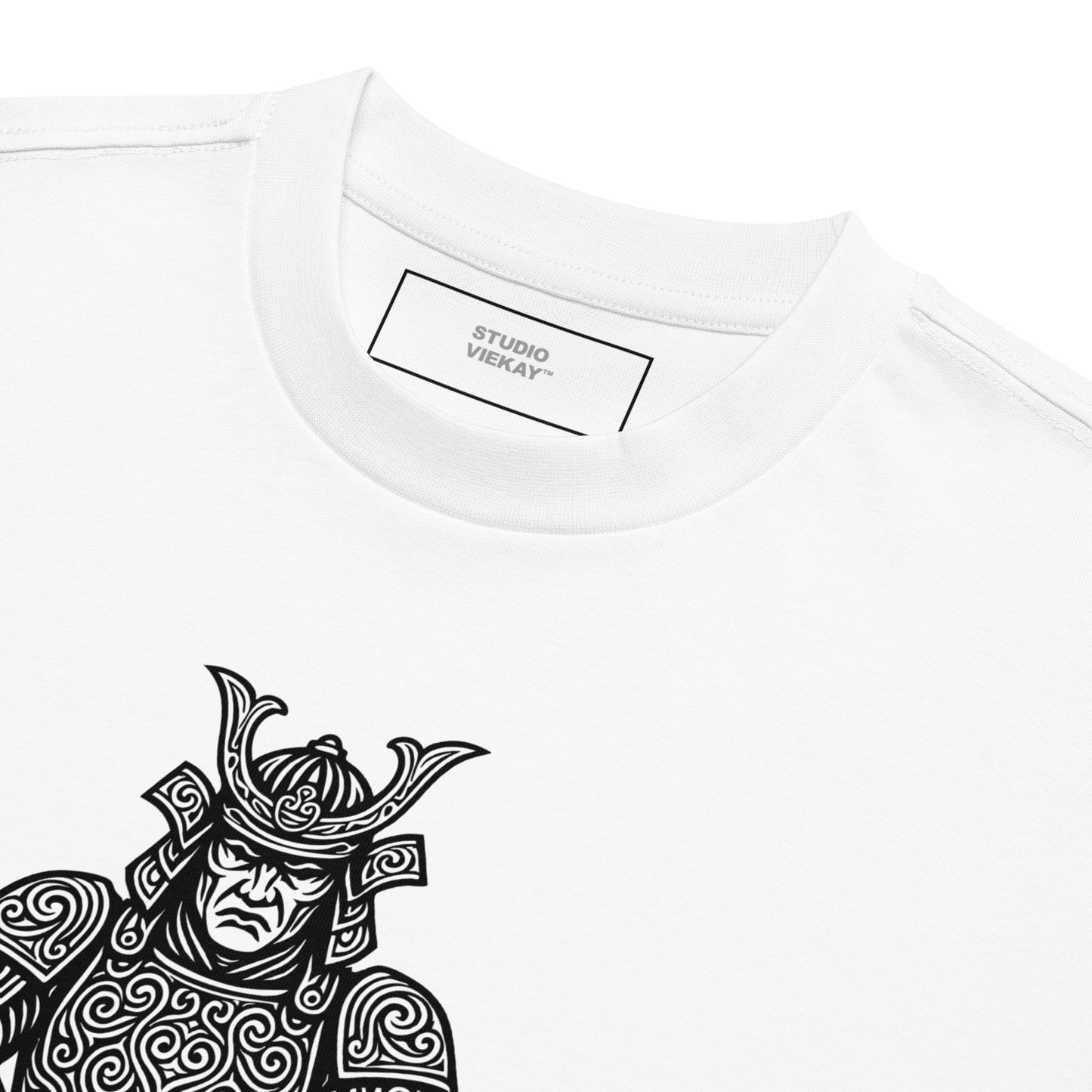 Close up of neckline and premium heavyweight cotton texture on Studio Viekay Samurai box fit tee showing engraved artwork detail.