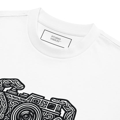 Studio Viekay Camera Engraved Art Box Tee close up of carved black and white artwork