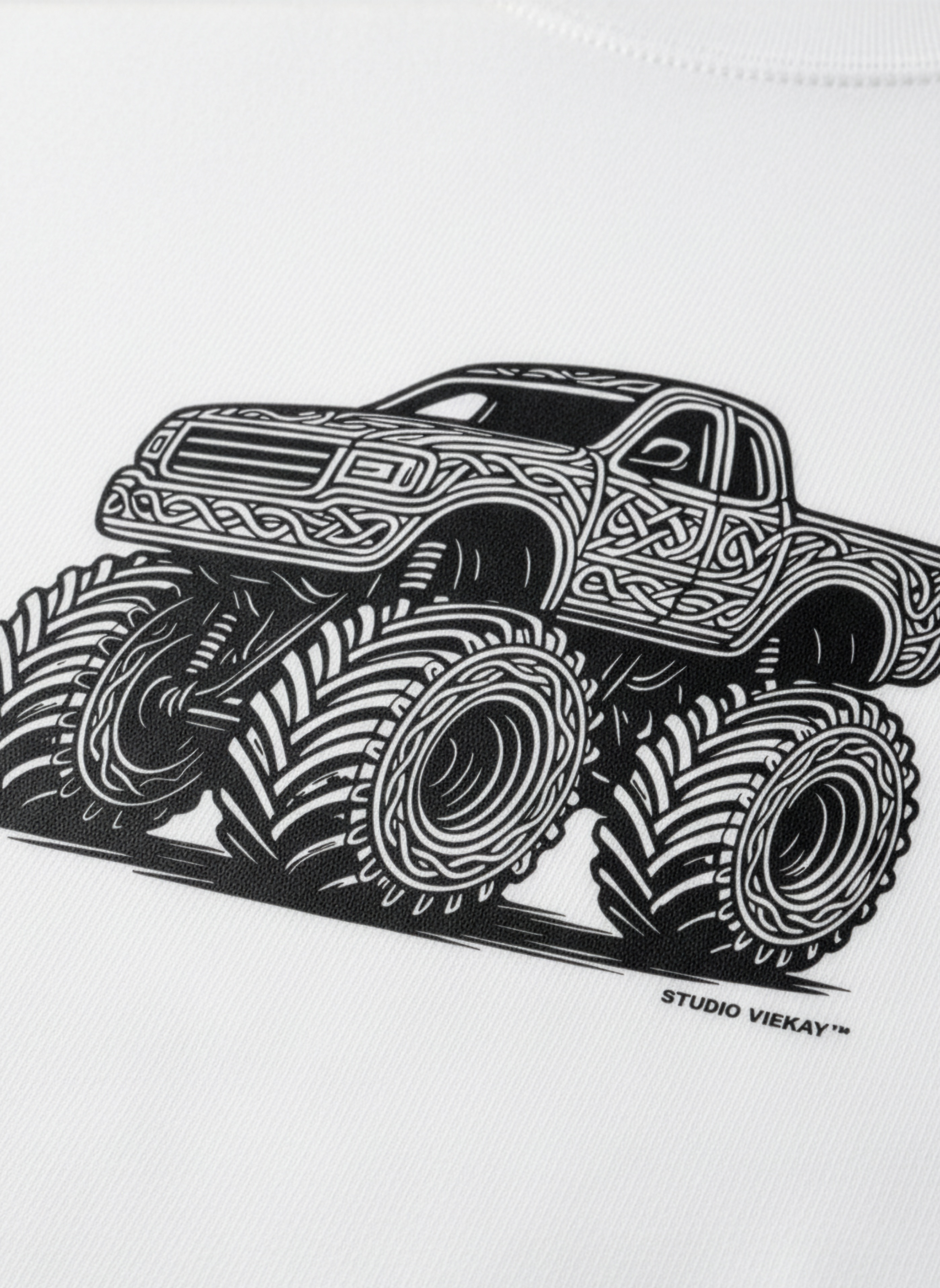 Detail view of graphic printed on premium white T-shirt.