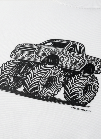 Detail view of graphic printed on premium white T-shirt.