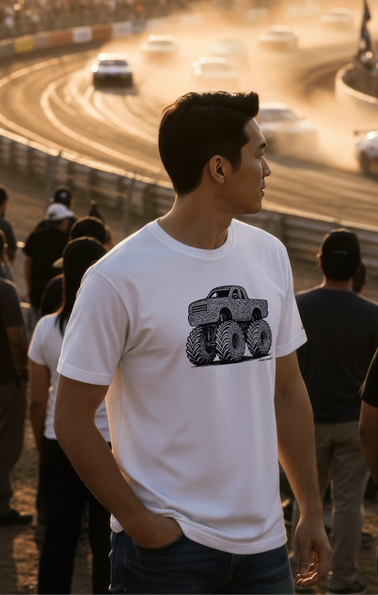 Model wearing a white Studio Viekay tshirt watching a car race on a track with spectators and cars in the background.