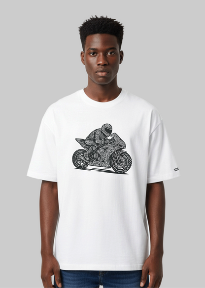 Model wearing Studio Viekay Motorcycle Engraved Art Tee with carved motorcycle artwork