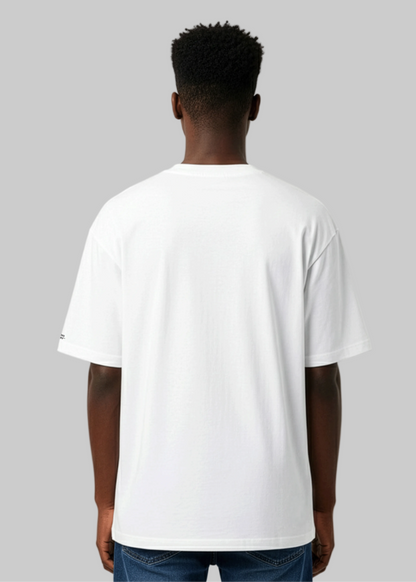 Back view of model wearing a white t-shirt on a gray background