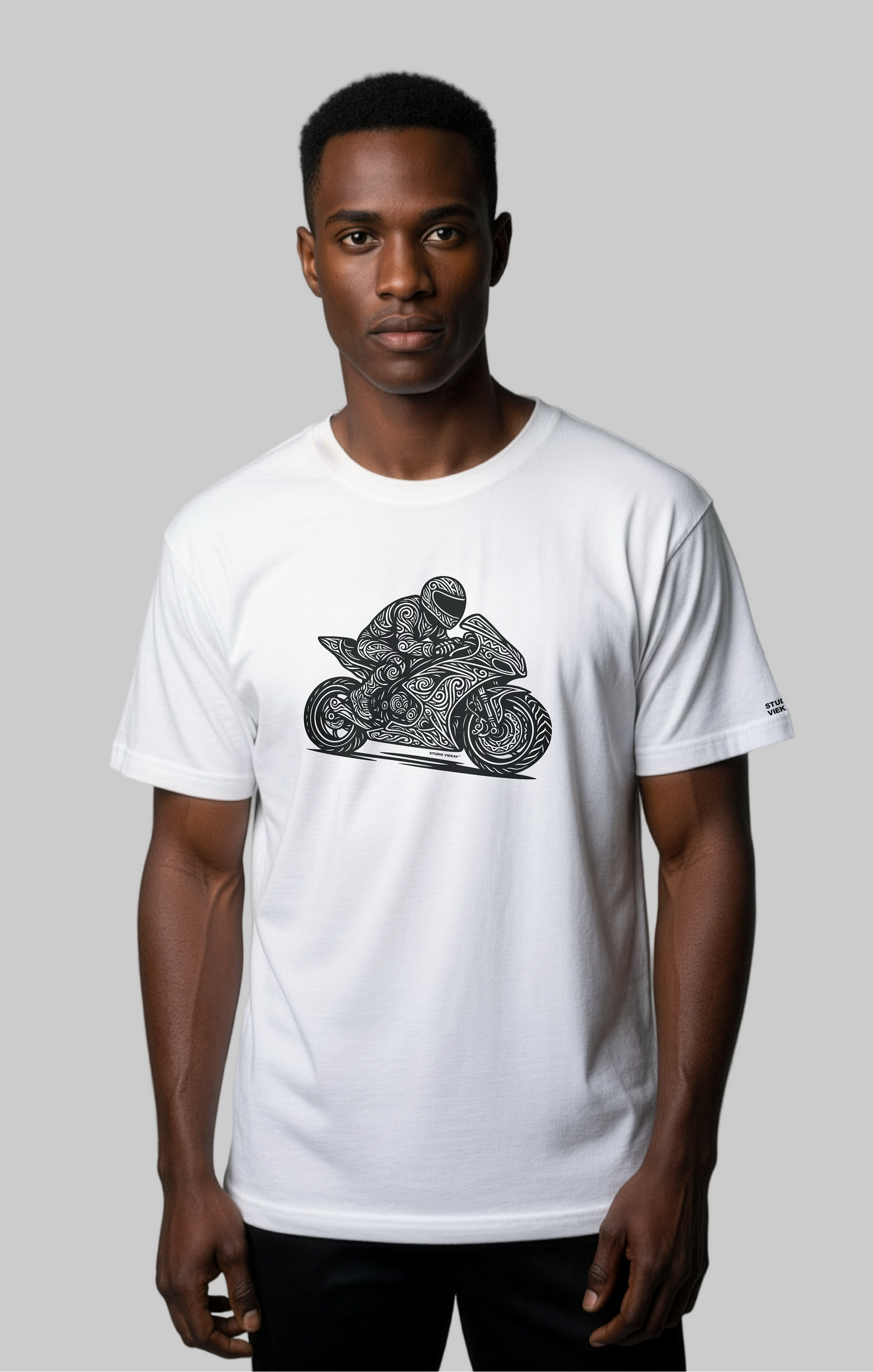 Model wearing Studio Viekay Motorcycle Engraved Art Standard Tee with carved motorcycle artwork
