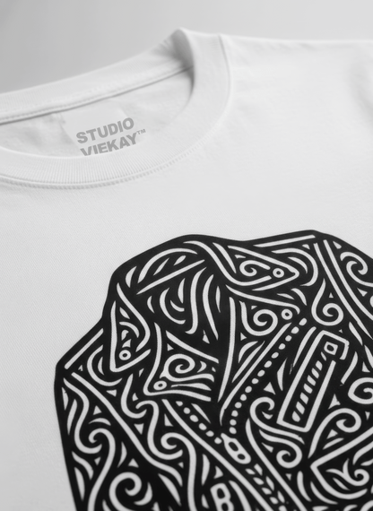 White t-shirt with graphical design of a motorcycle jacket in 'Studio VieKay' branding.