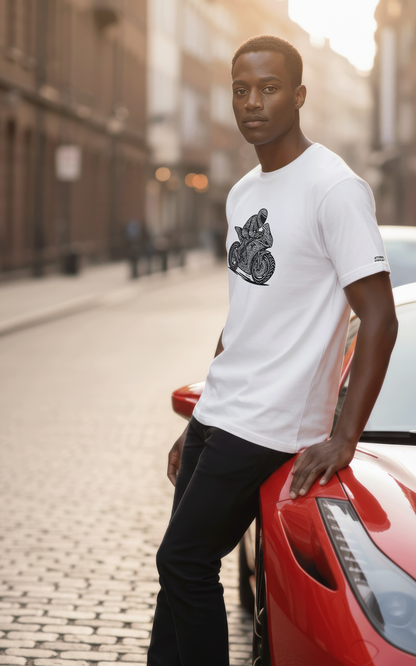 Model in a white Studio Viekay t-shirt with a graphic design leaning against a red car on a city street.