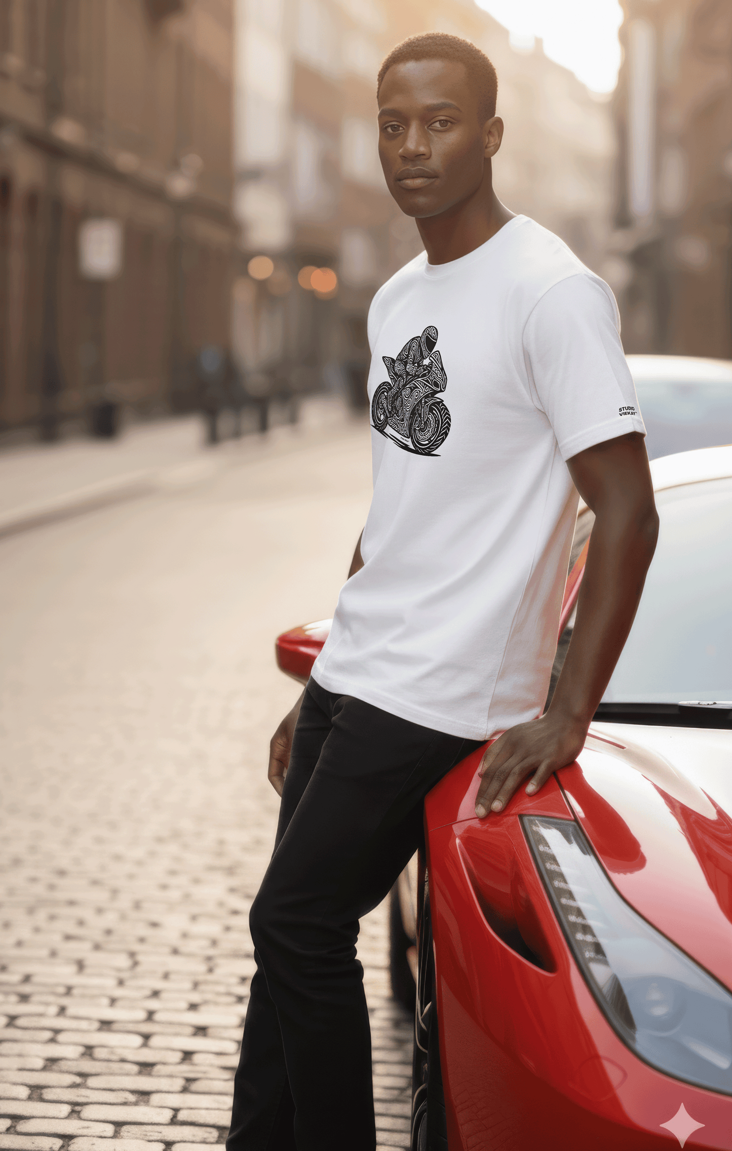 Model in a white Studio Viekay t-shirt with a graphic design leaning against a red car on a city street.