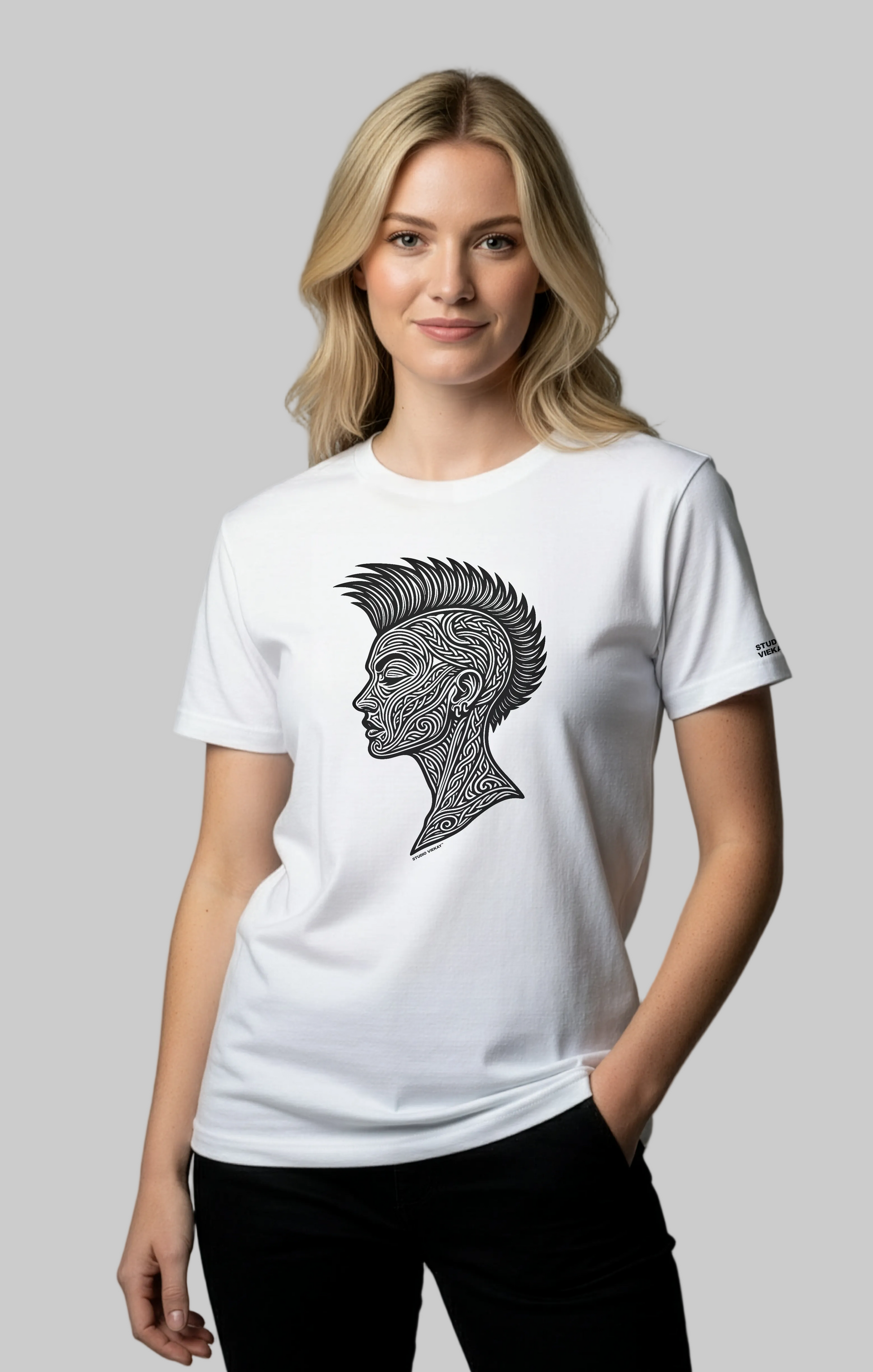 Model wearing Women’s Punk Head Engraved Art Standard Tee in black and white streetwear pose