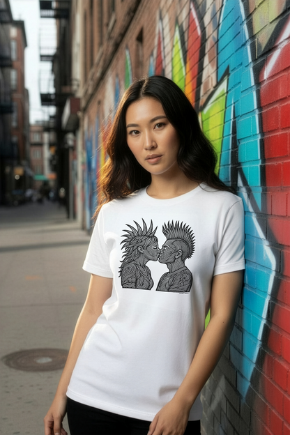 Model wearing a white Studio Viekay  t-shirt with a graphic design of two dragons kissing, standing against a colorful graffiti wall.