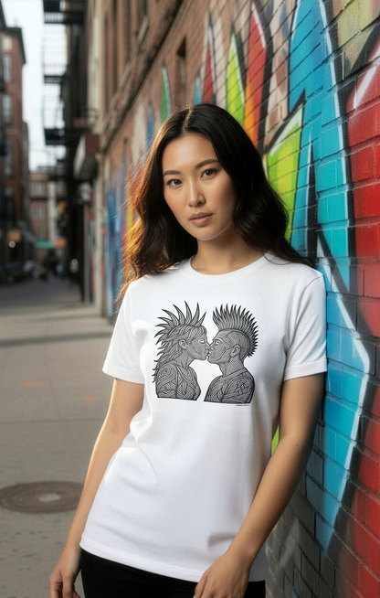 Model wearing a white t-shirt with a Studio VieKay graphic of two faces kissing, standing against a colorful wall.