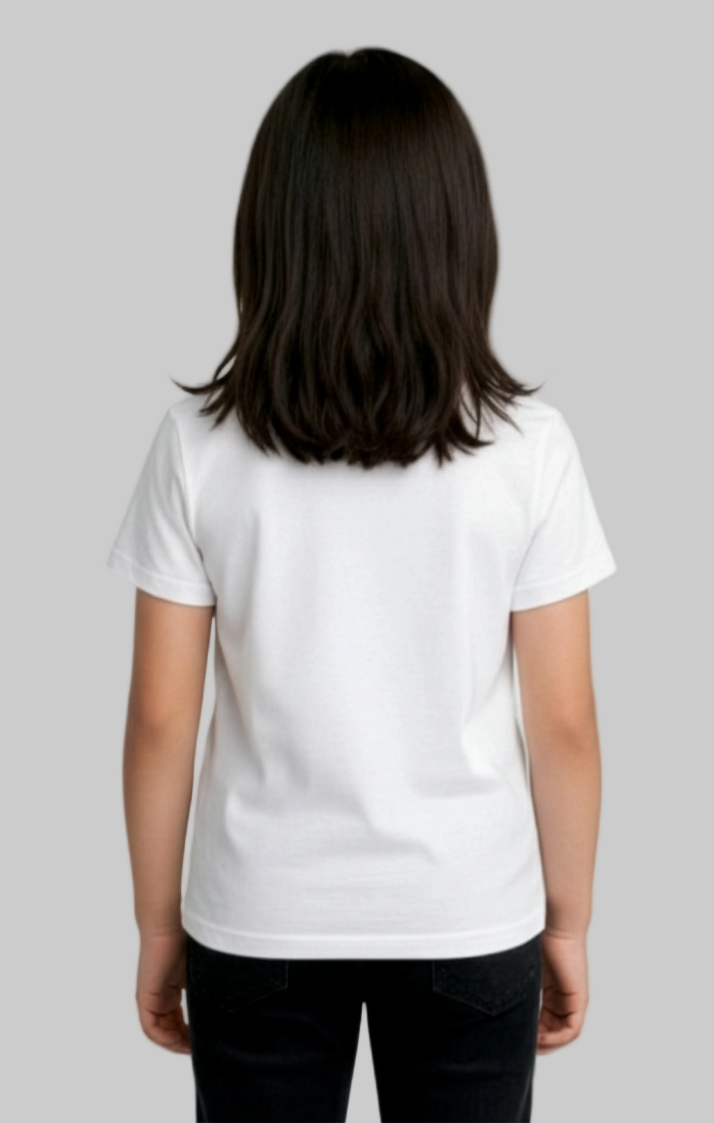 Child model wearing a plain white t-shirt on a light gray background