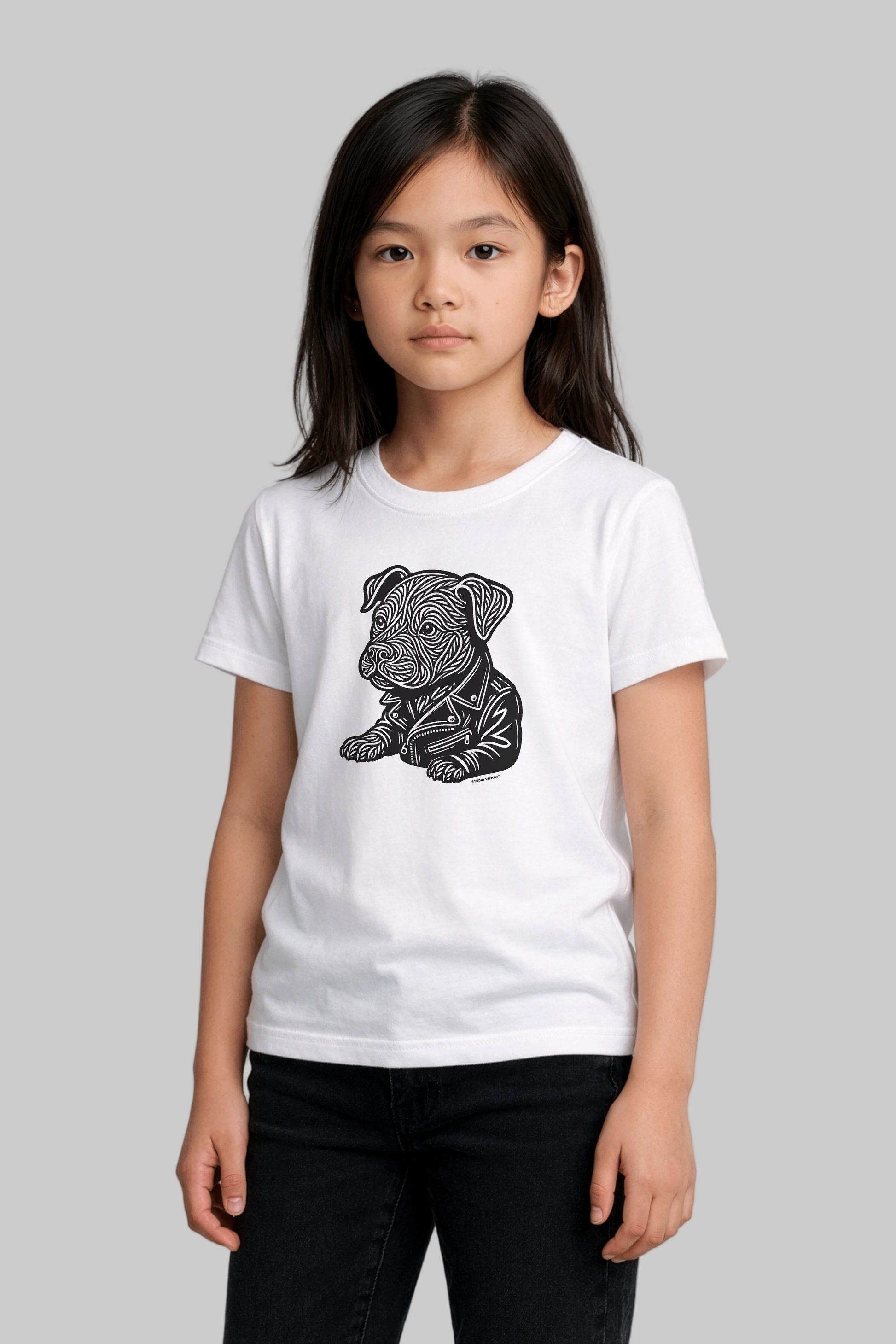 Kids Steady Paw Engraved Art Tee studio model front view