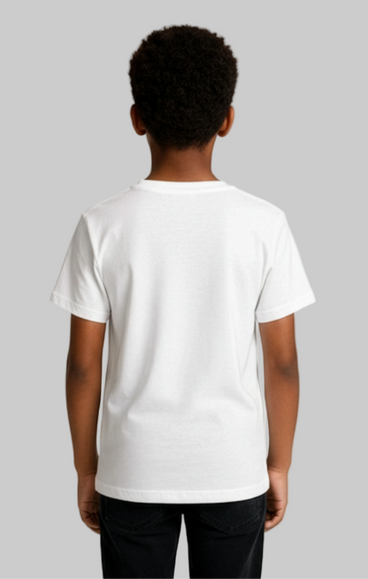 Back view of a child model wearing a plain white t-shirt on a gray background