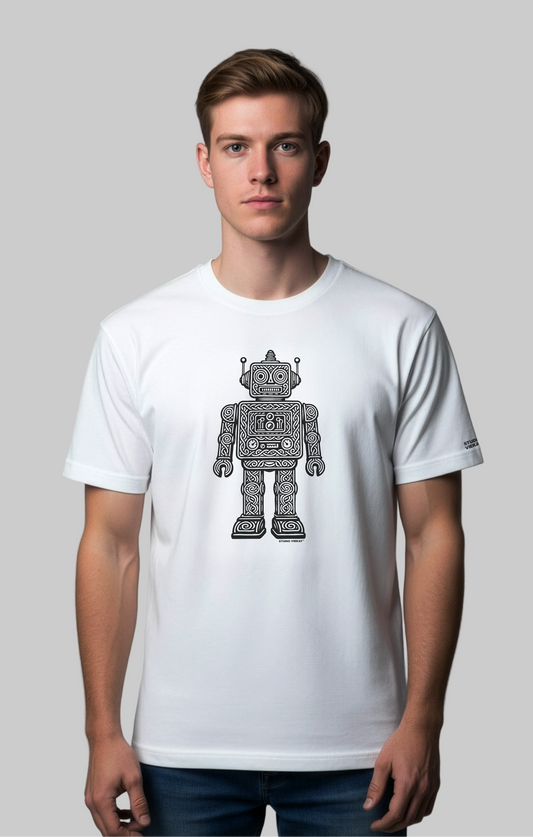 Model wearing white standard fit tee with carved black and white robot artwork in soft editorial light