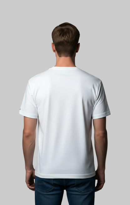 Back view of a model wearing a white Studio Viekay t-shirt against a gray background