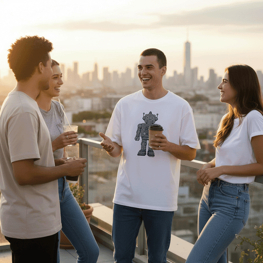 Model wearing Studio Viekay Retro Robot Engraved Art Box Tee standing on a rooftop with friends and a city skyline in the background