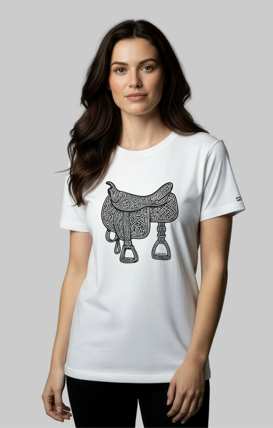 Model wearing a white  Studio Viekay t-shirt with a black saddle design on a gray background