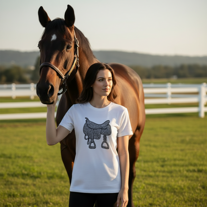 Model wearing a white Studio Viekay t-shirt with a horse saddle graphic, standing next to a horse in an outdoor setting.