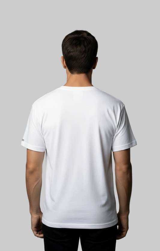 Back view of a model wearing a plain white t-shirt against a gray background