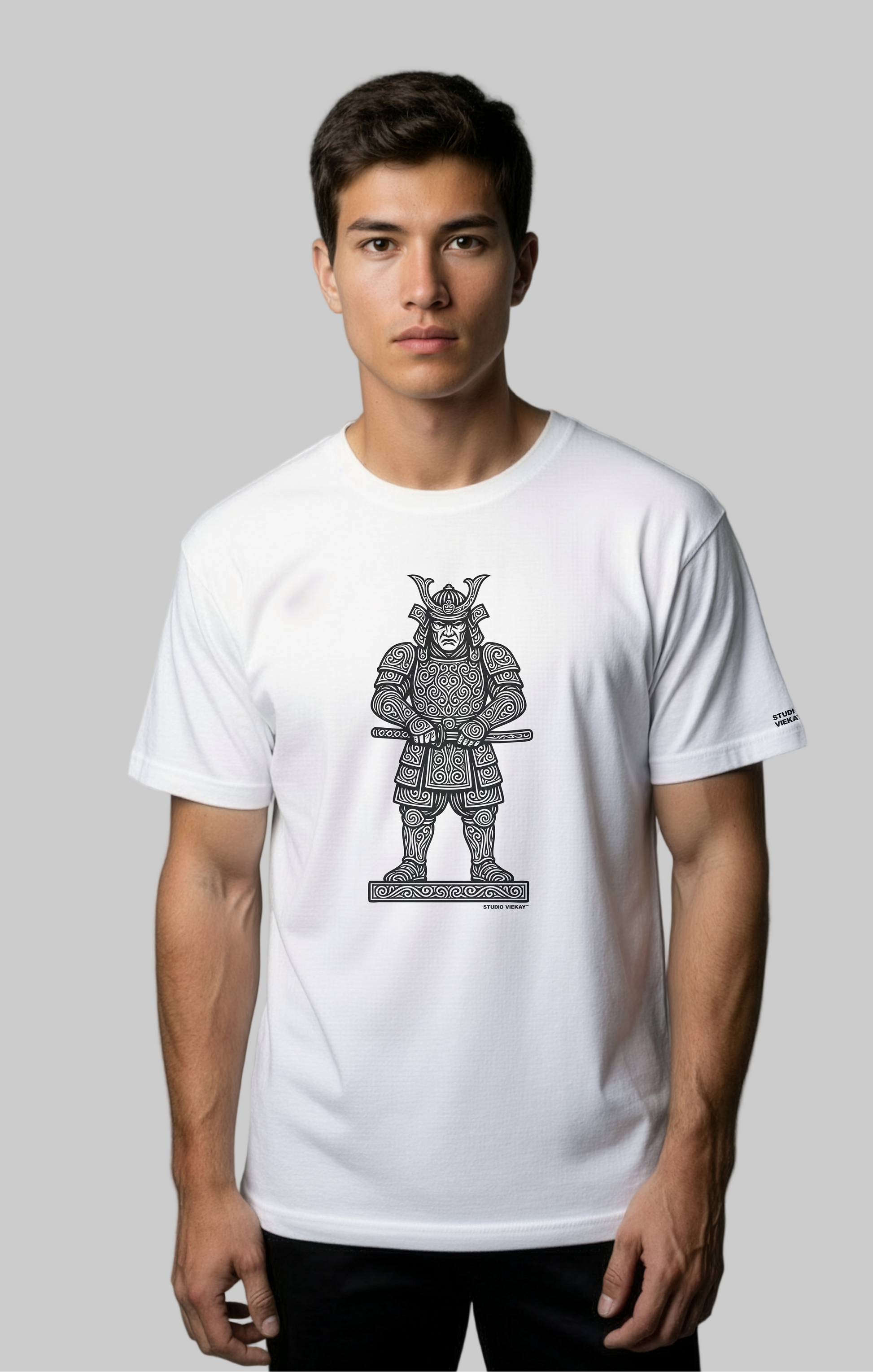 Model wearing Studio Viekay Samurai Engraved Art Standard Tee with carved samurai artwork