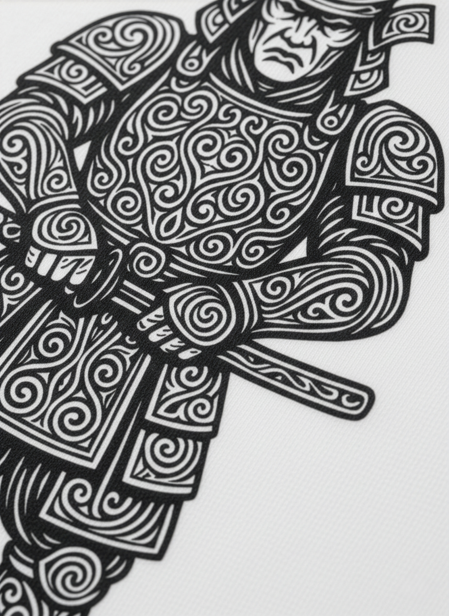 Detail of Studio Viekay Samurai graphic printed on white tee.