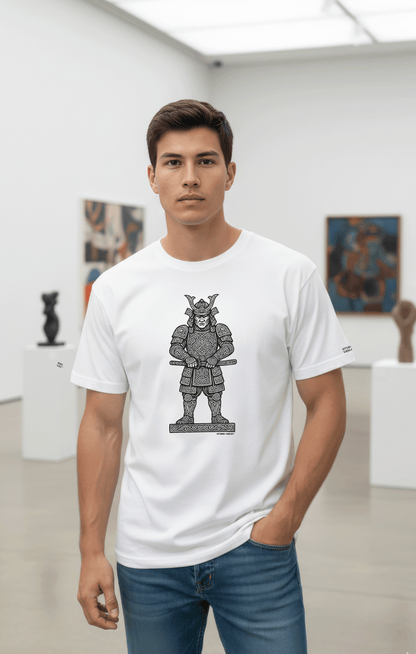 Model wearing a Studio Viekay white t-shirt with a Samurai graphic design in an art gallery.