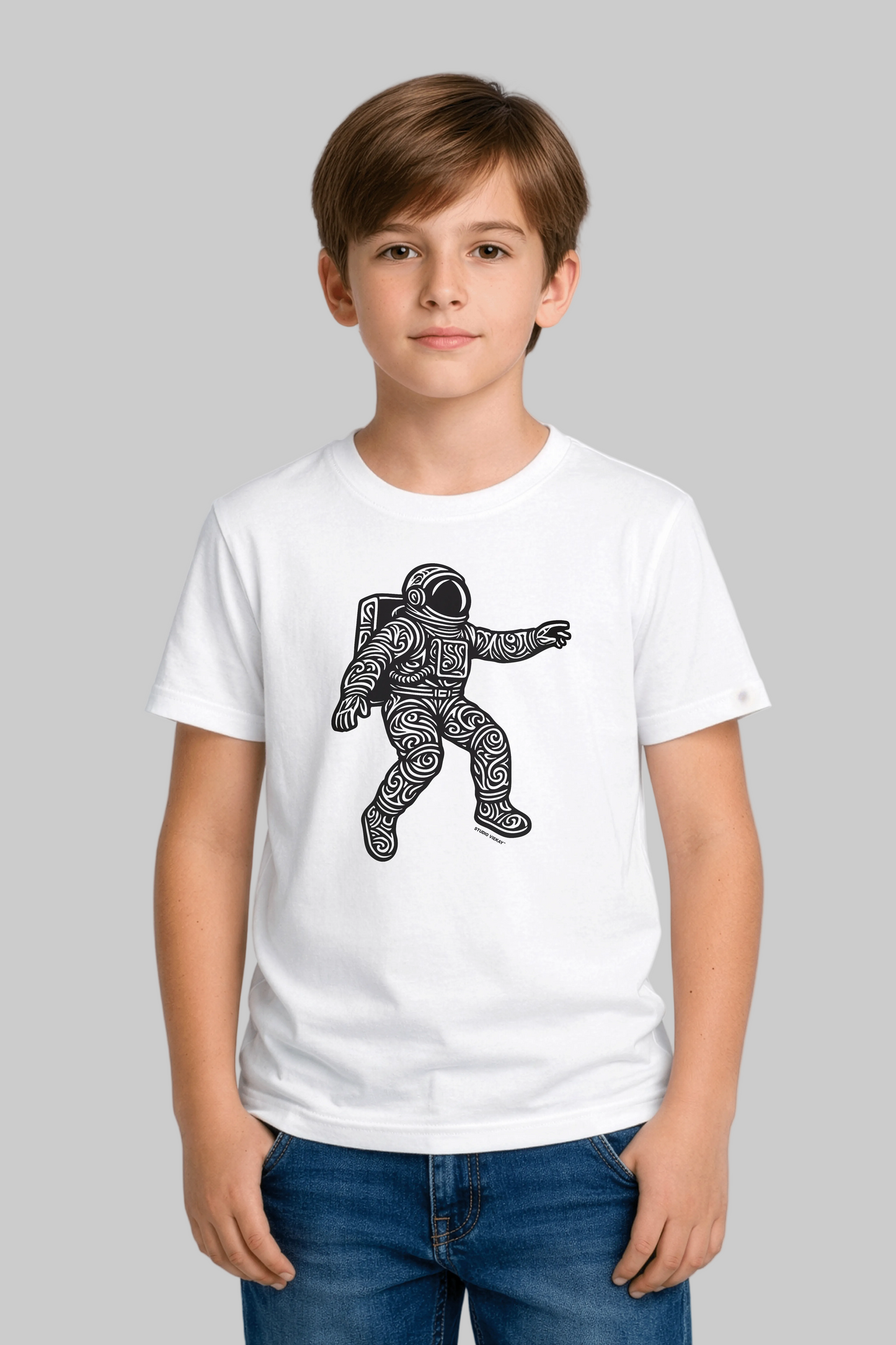Kids Stellar Explorer Engraved Art Tee studio model front view