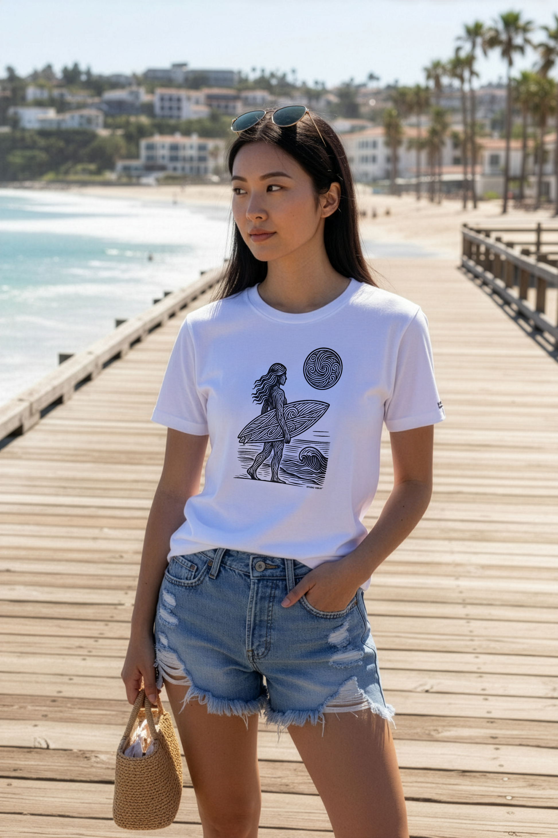 Model wearing a white Studio Viekay t-shirt with a graphic design on a wooden pier by the beach.