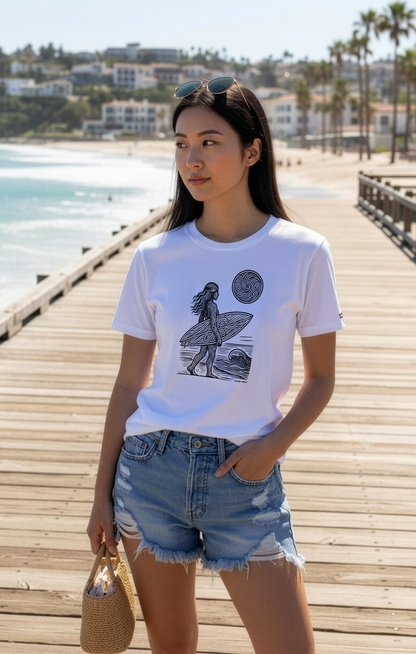 Model wearing a white Studio VieKay t-shirt with a graphic design on a wooden pier by the beach.