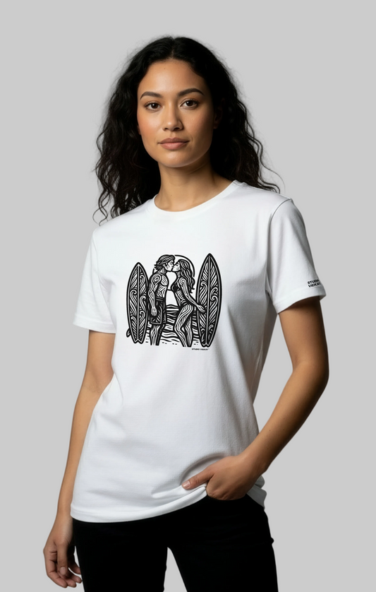 Model wearing Surfer Kiss women’s standard graphic tee black and white engraved artwork