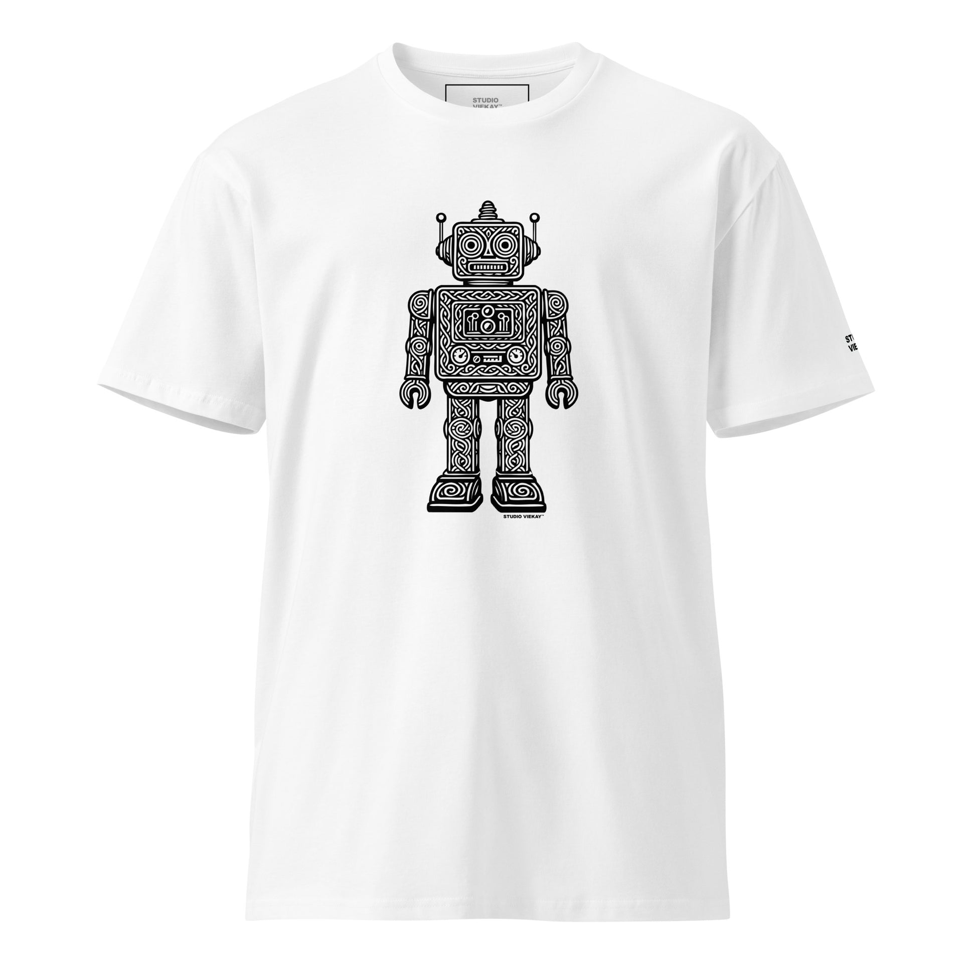 White standard fit tee front view with black engraved robot artwork