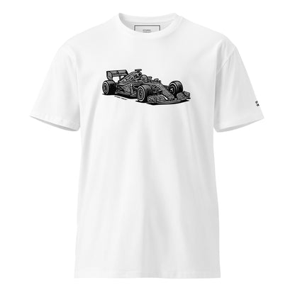 Front comp of the Studio Viekay Formula One Engraved Art Tee showing the carved formula one car illustration in high contrast black and white linework