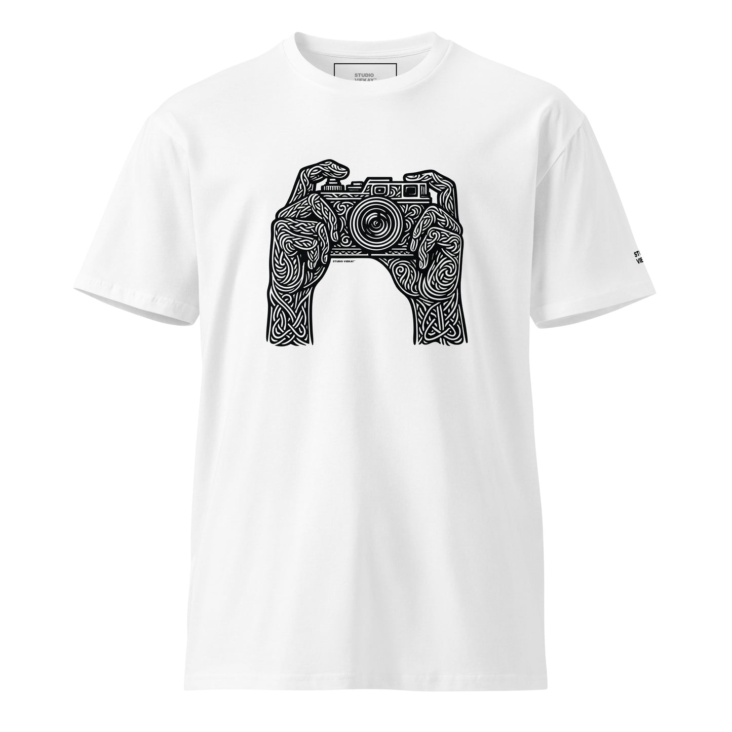 Front comp of the Studio Viekay Camera Engraved Art Tee showing the carved camera illustration in high contrast black and white linework
